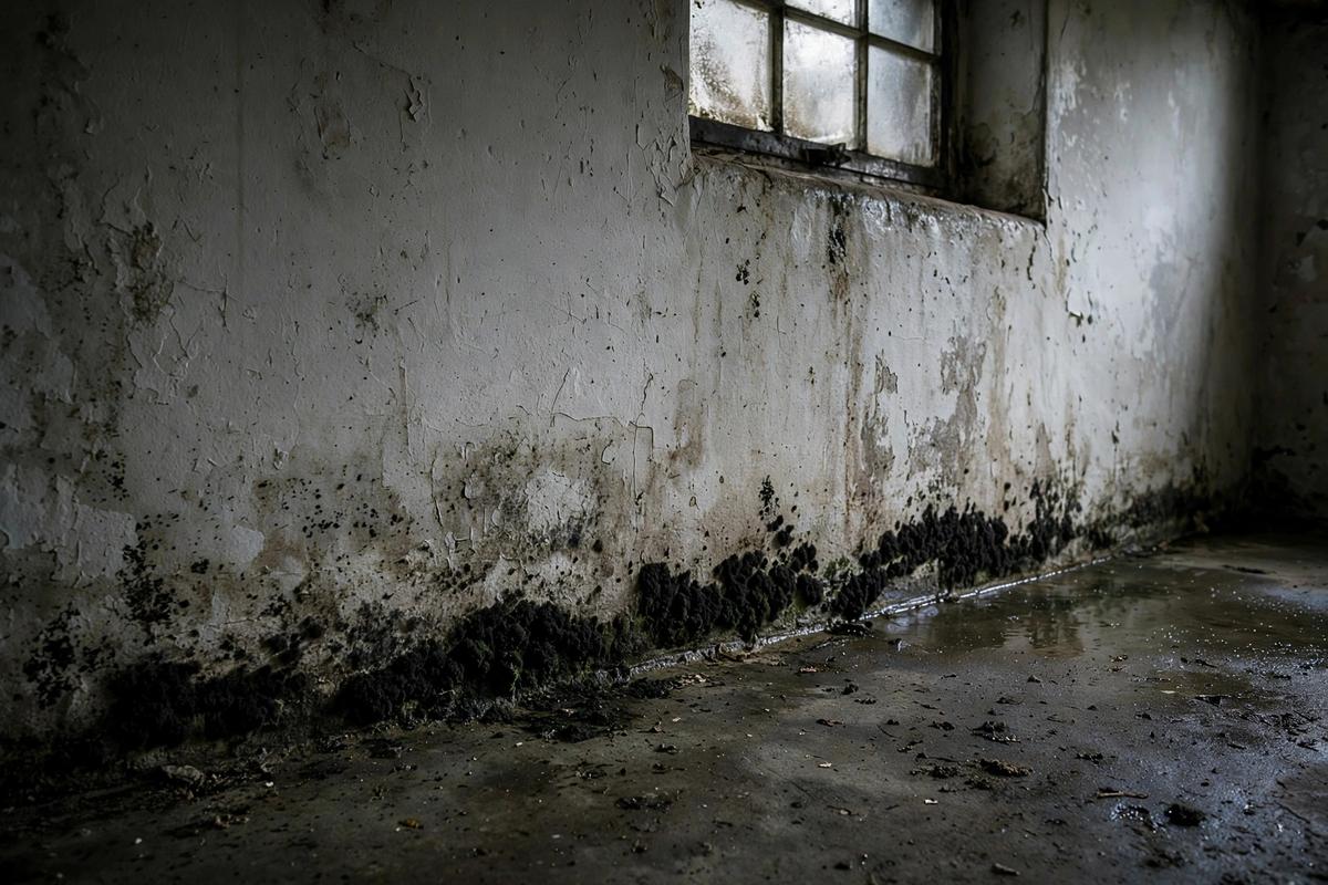 Mold growth along the bottom of a basement wall in a Herriman home