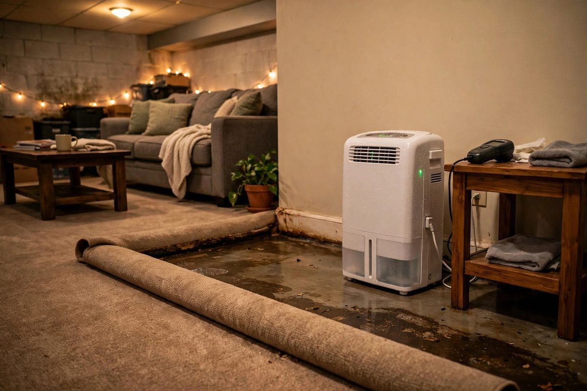 Lower-level family room drying after water damage in a Bluffdale home
