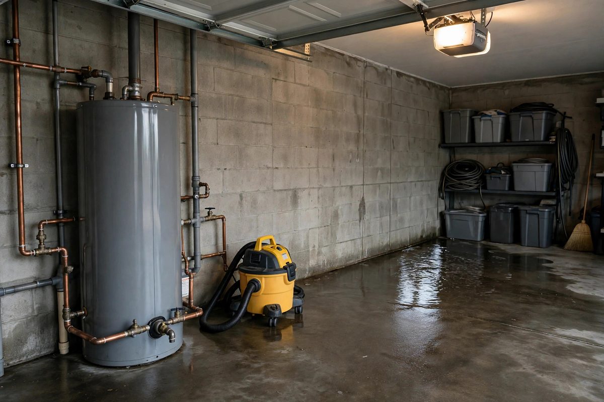 Garage utility area with a wet floor in a Capitol Reef home