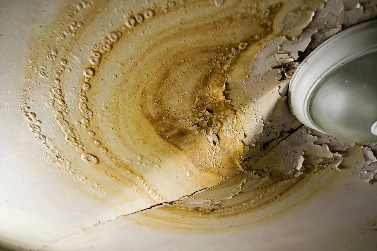 Water-stained and peeling ceiling in a Herriman home before repair