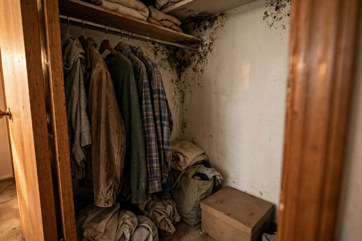 Mold spots in the corner of a bedroom closet in a Herriman home