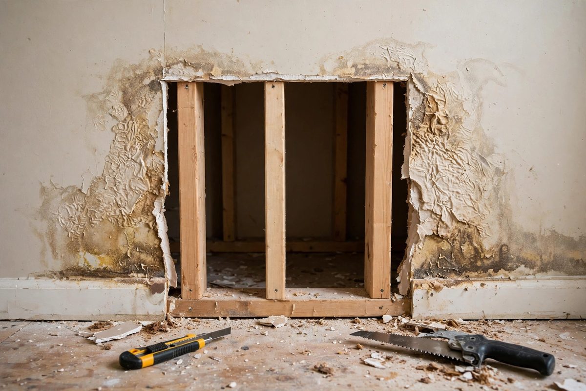 Water-damaged drywall cut away to expose wall studs in a Herriman home