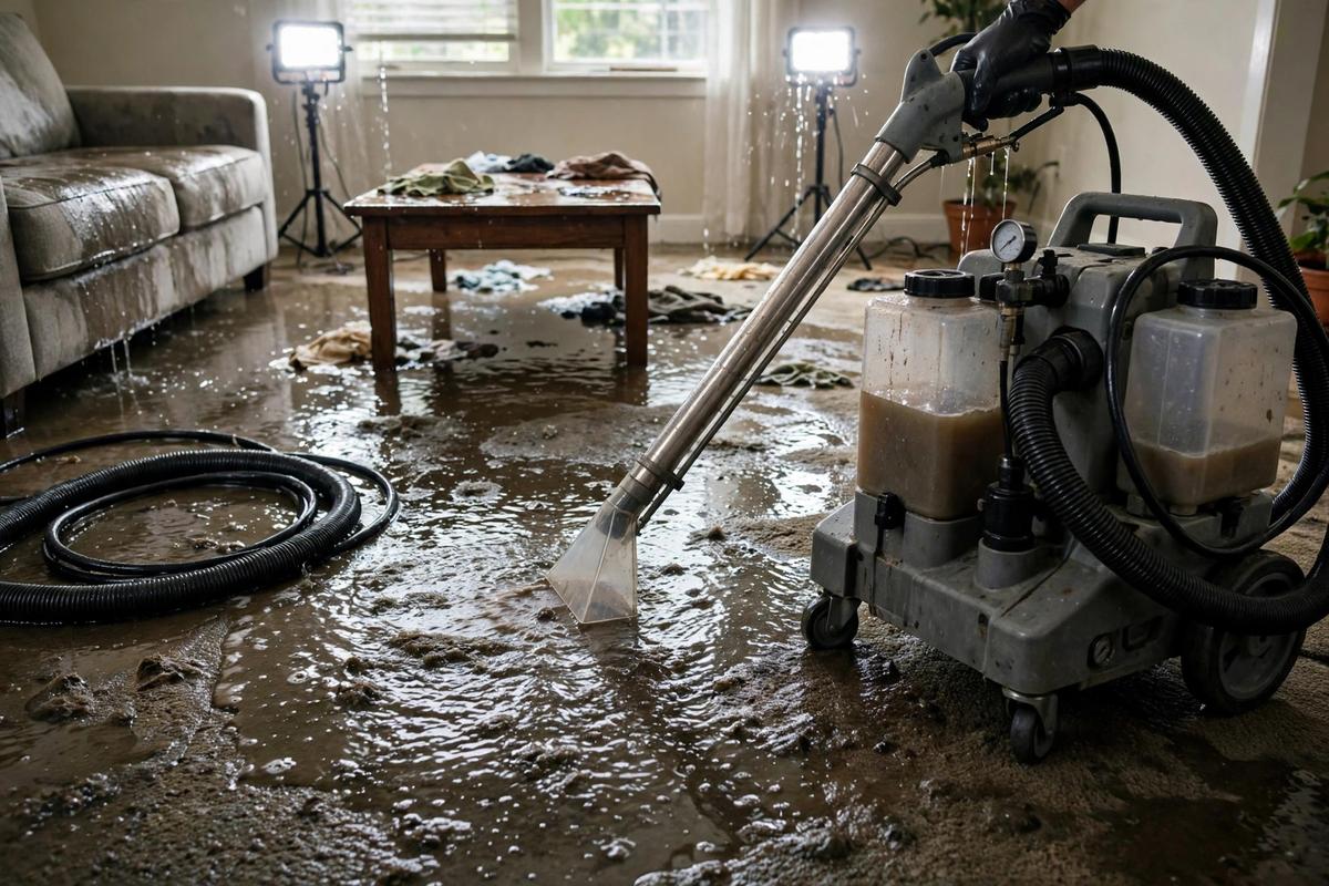 Water extraction machine removing standing water from a flooded living room
