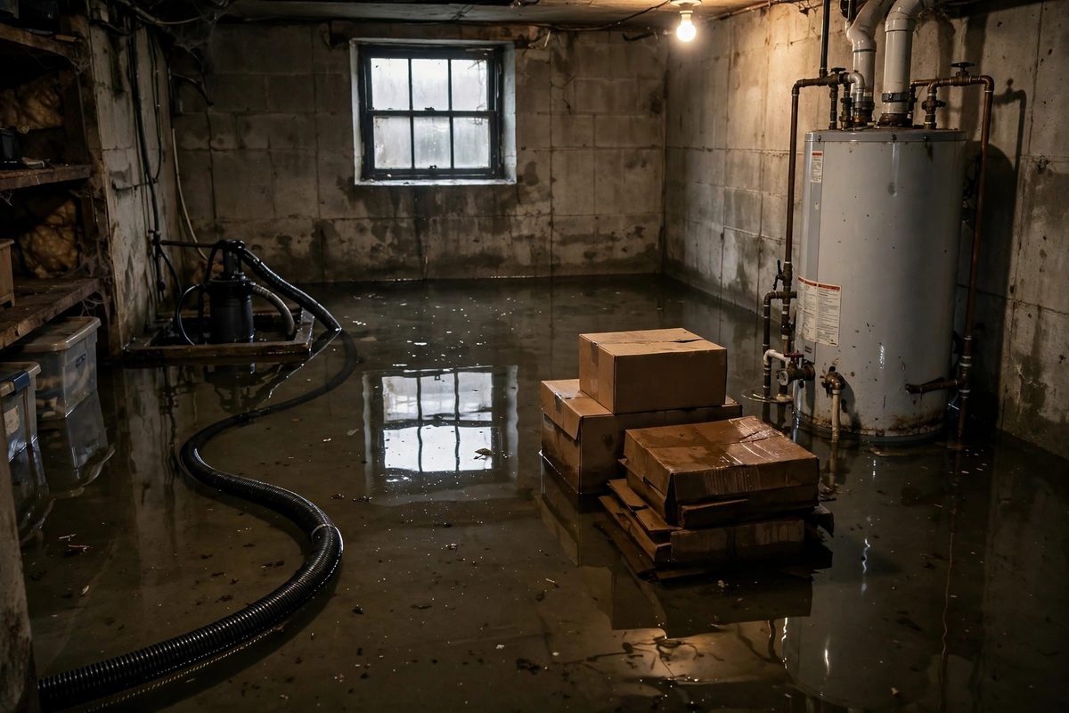 Flooded basement with standing water in a Herriman home