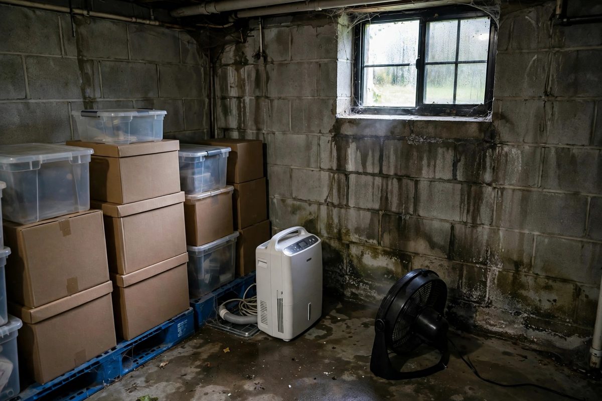 Basement corner drying with a dehumidifier in a Hidden Oaks home