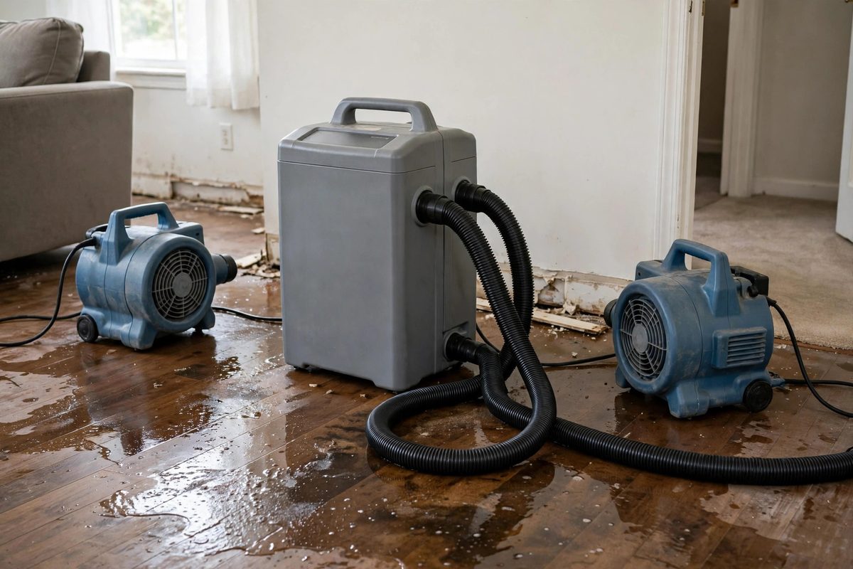 Air movers and a dehumidifier drying a Herriman living room after water damage