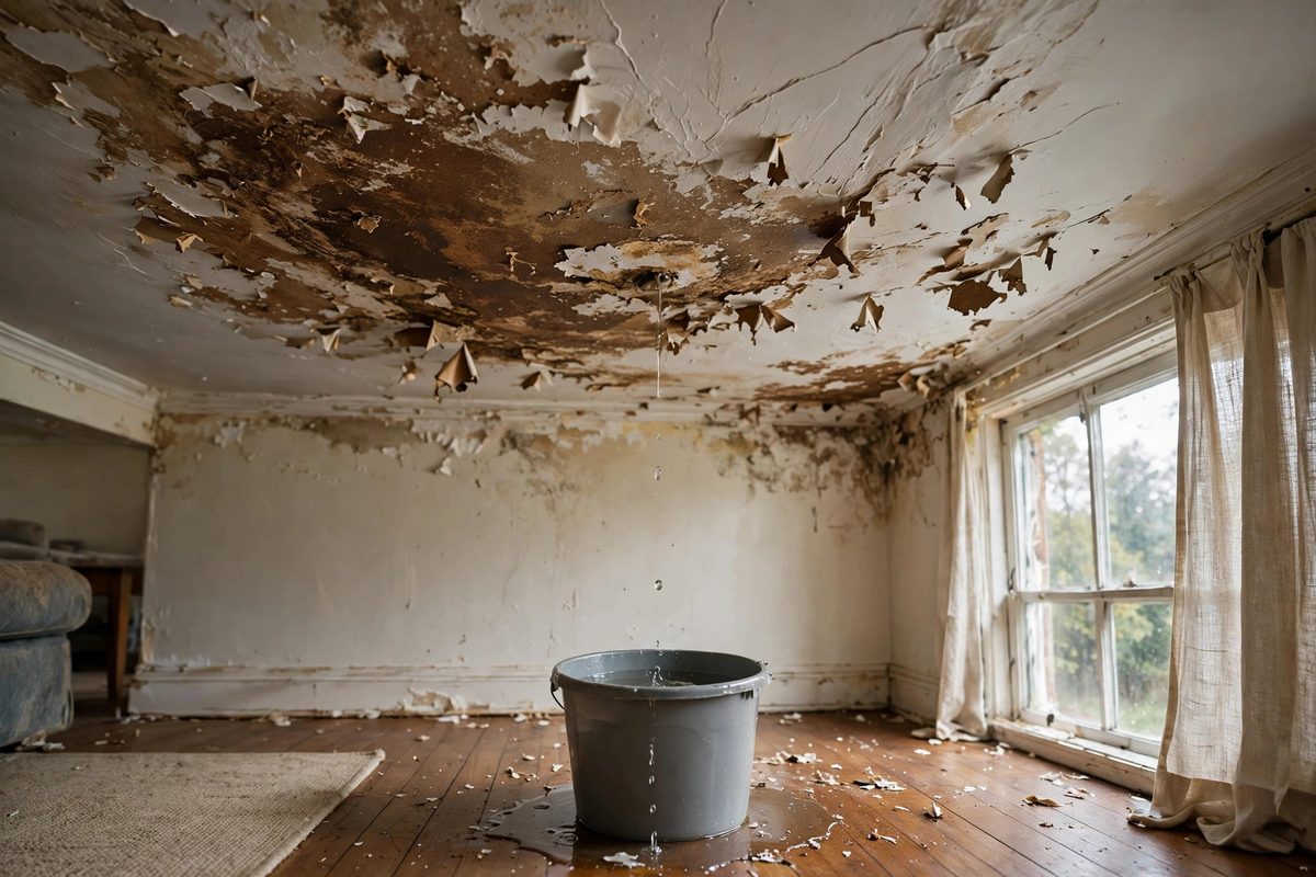 Water-damaged ceiling with a stain and peeling paint in a Herriman home