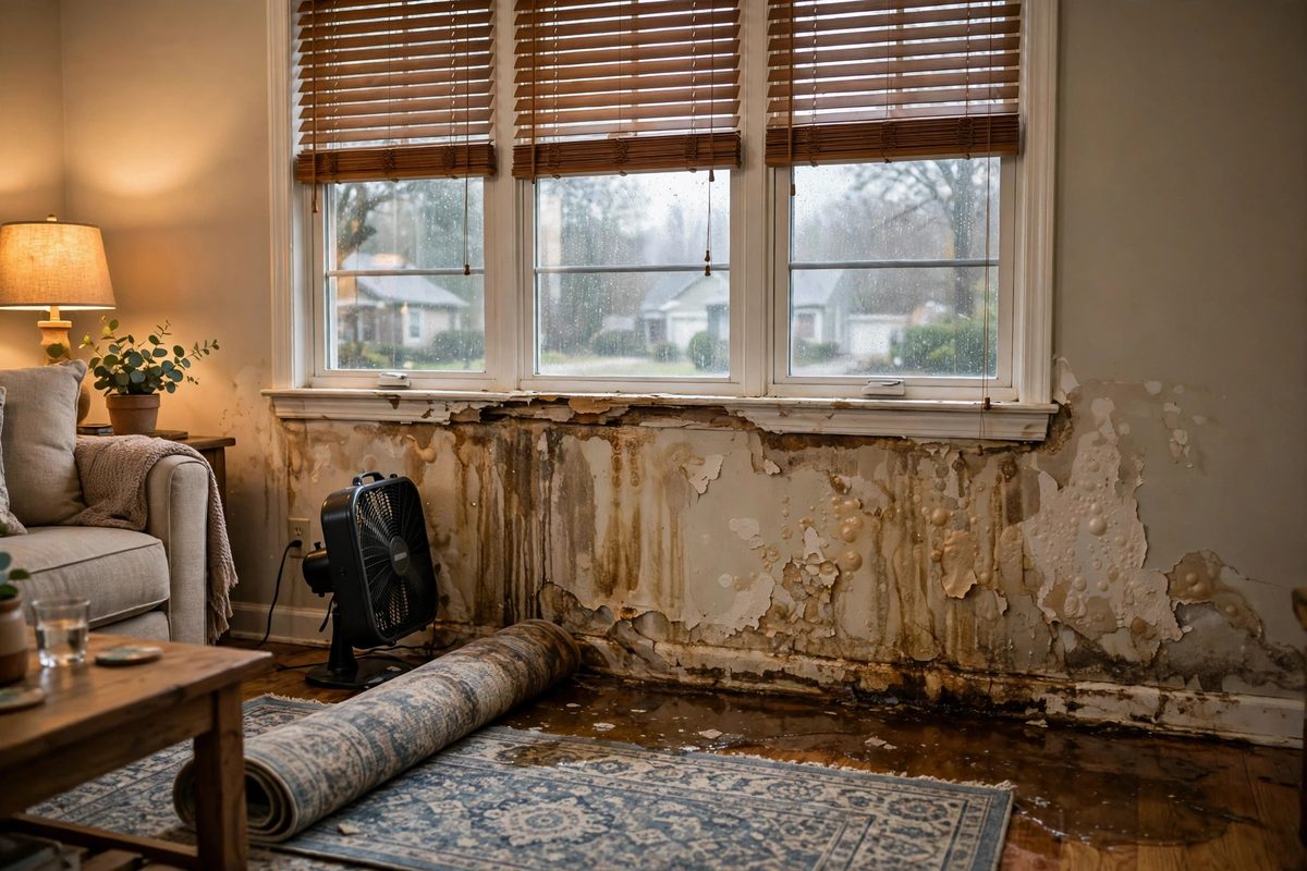 Water-stained family room wall drying in a Kings Canyon home