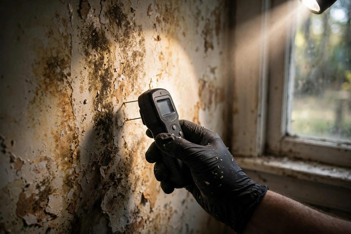 Inspector checking a discolored wall with a moisture meter in a Herriman home