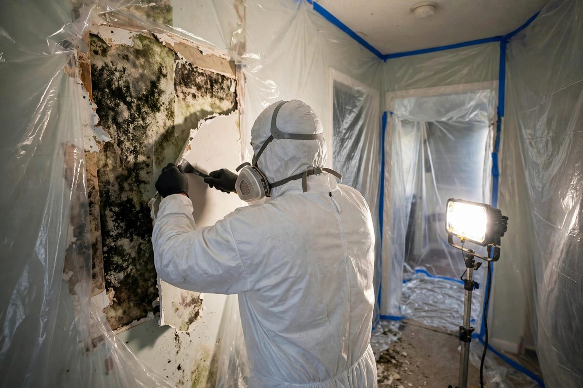 Worker in protective gear removing mold-damaged drywall in a Herriman home