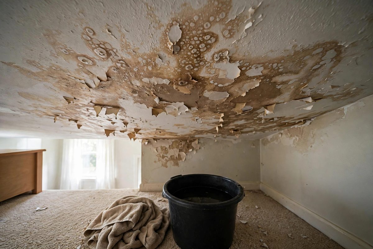 Upstairs ceiling water stain in a Mountain Ridge home under a bathroom above