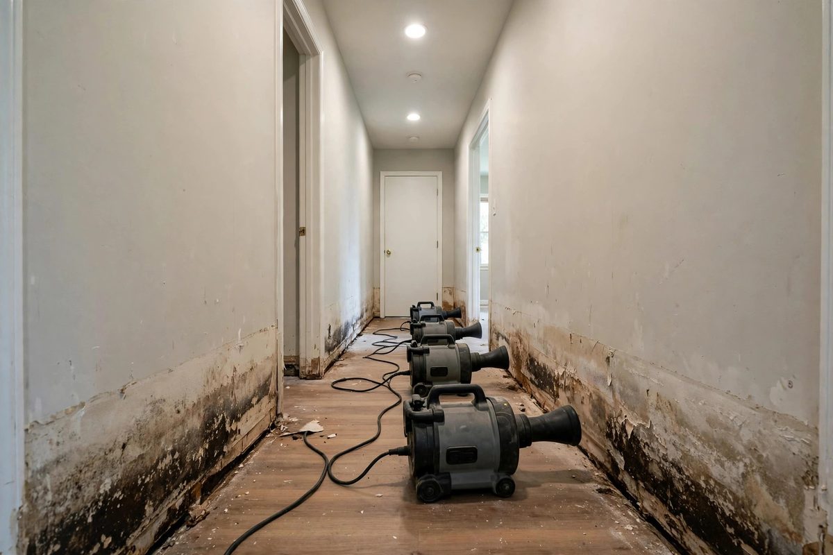 Main-floor hallway drying after water damage in a Riverton home