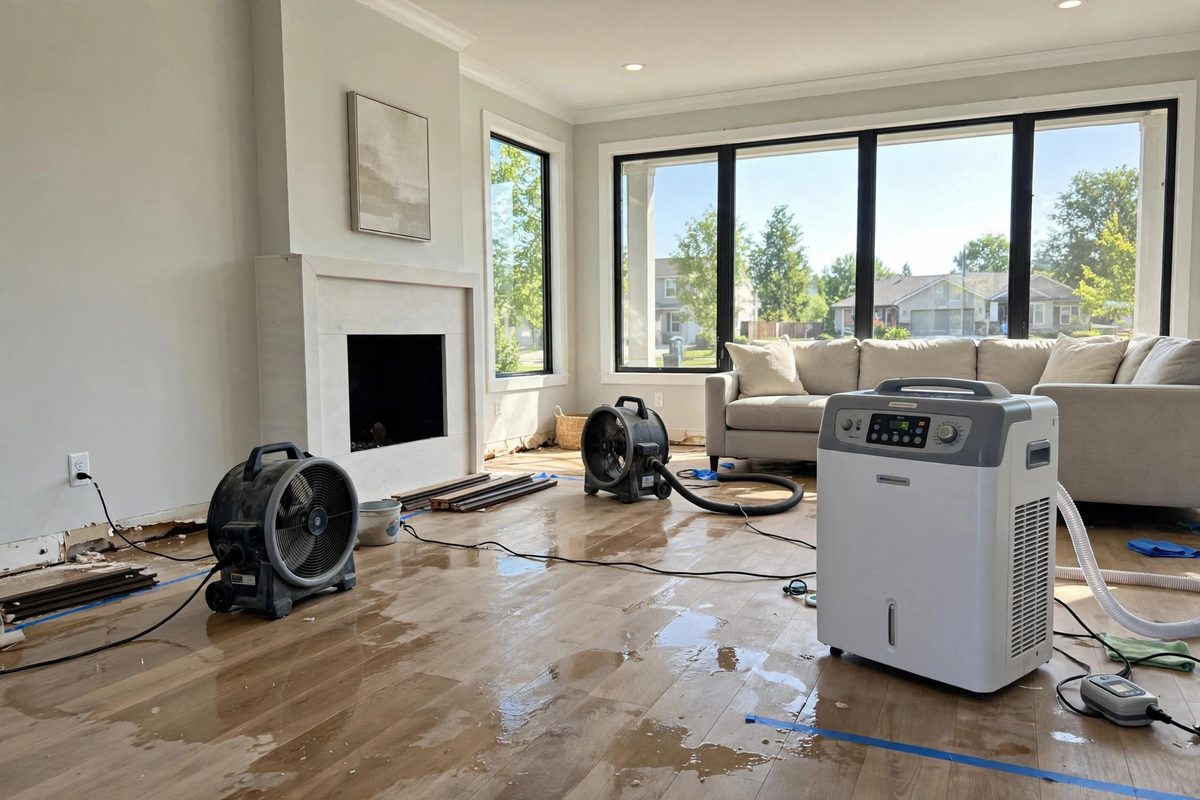 Drying equipment in a newer Rosecrest home living room after a water leak