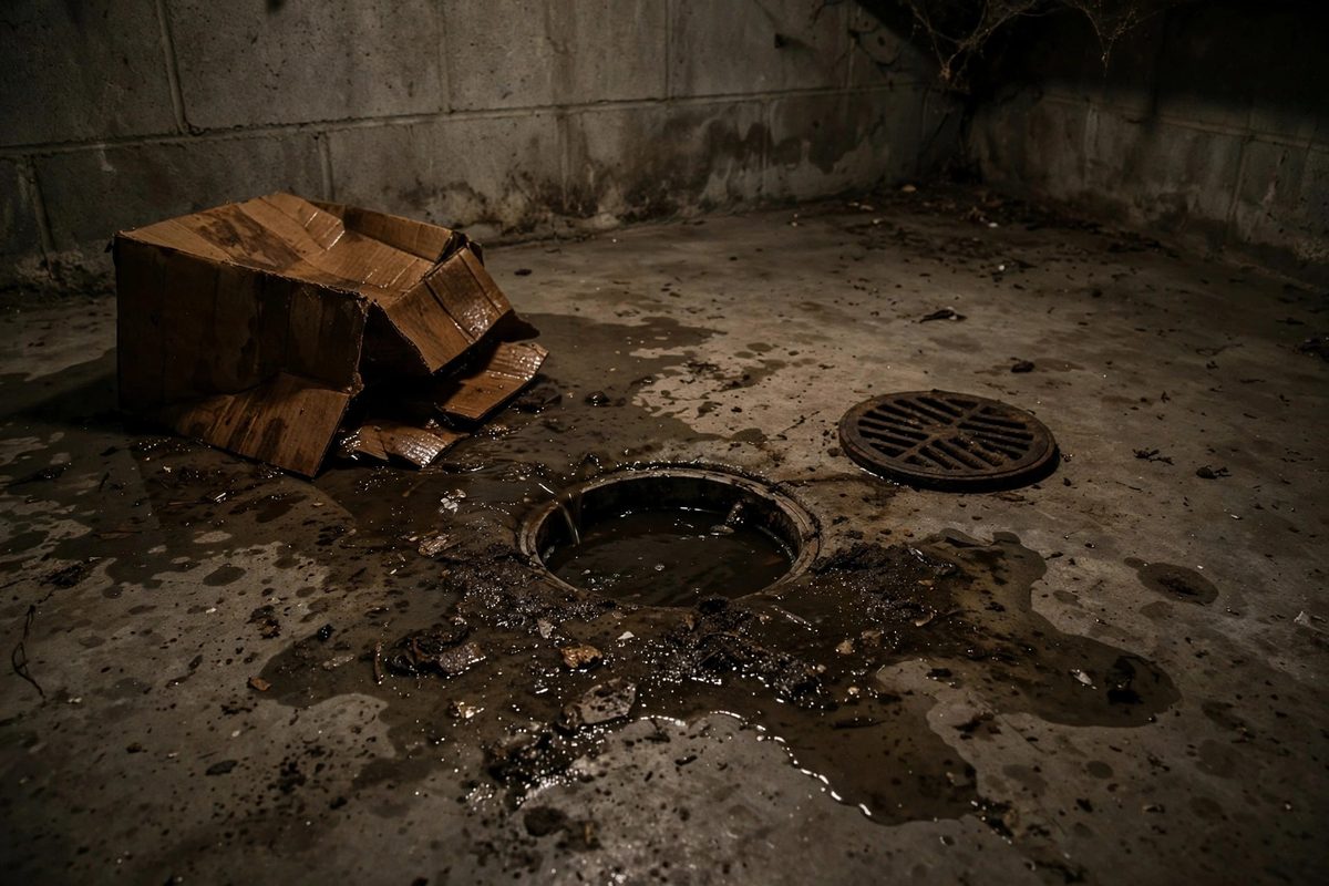 Basement floor drain with sewage backup water in a Herriman home