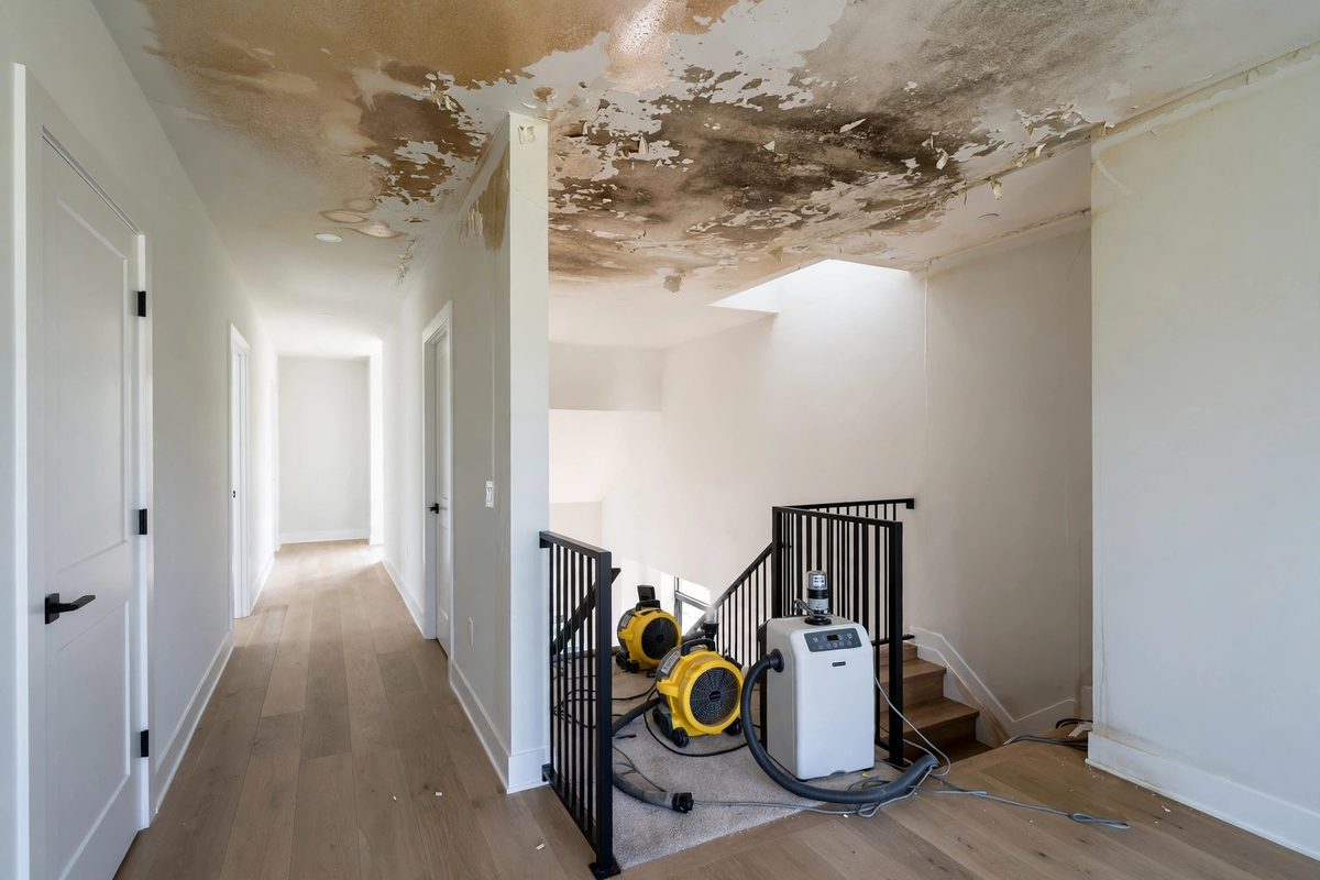 Newer South Jordan home hallway with drying equipment after ceiling water damage