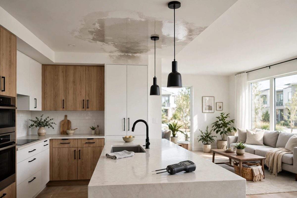 Moisture check in a modern Herriman Towne Center townhome kitchen